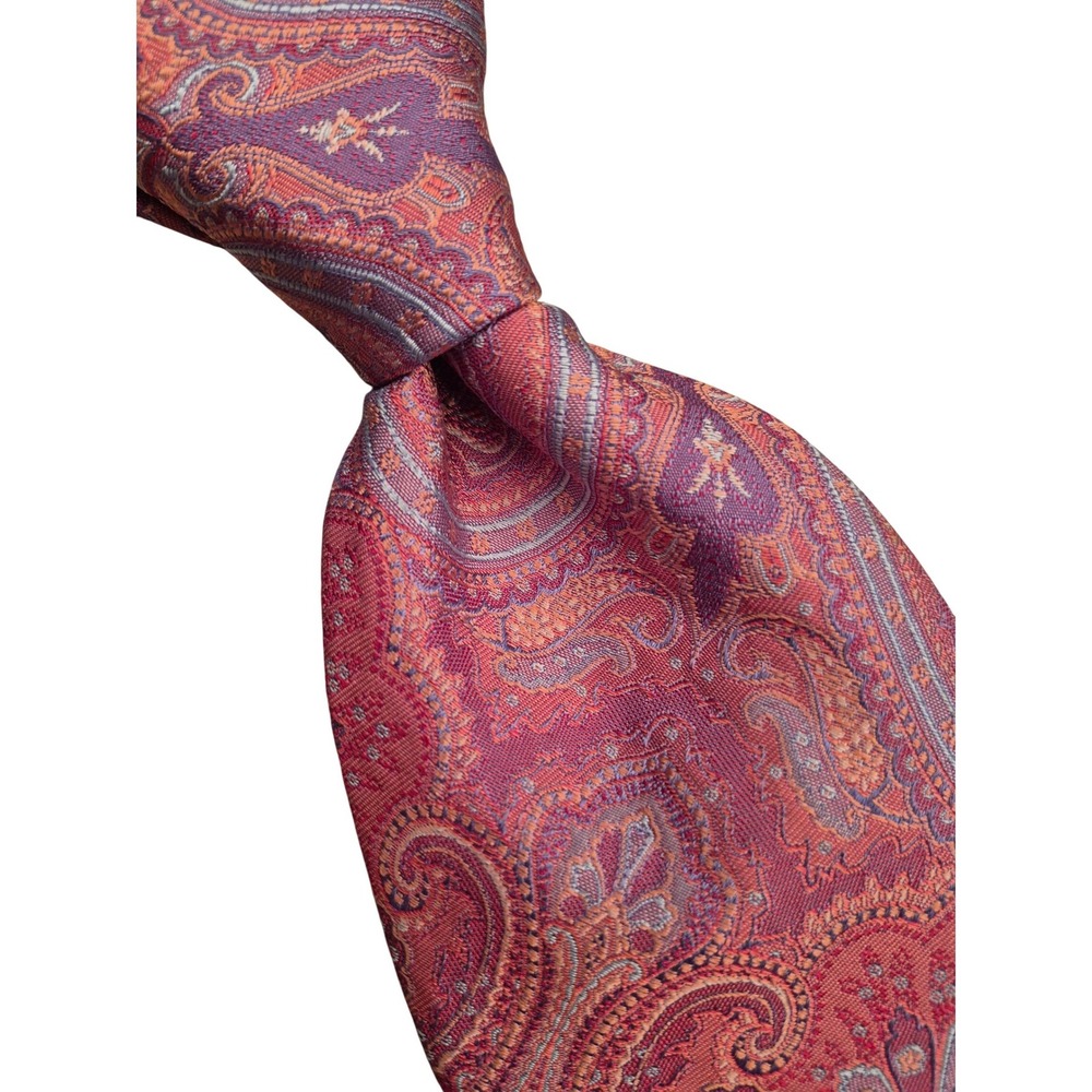 Ike Behar New York Mens Pink Purple Orange Paisley Abstract Woven Silk Tie EUC